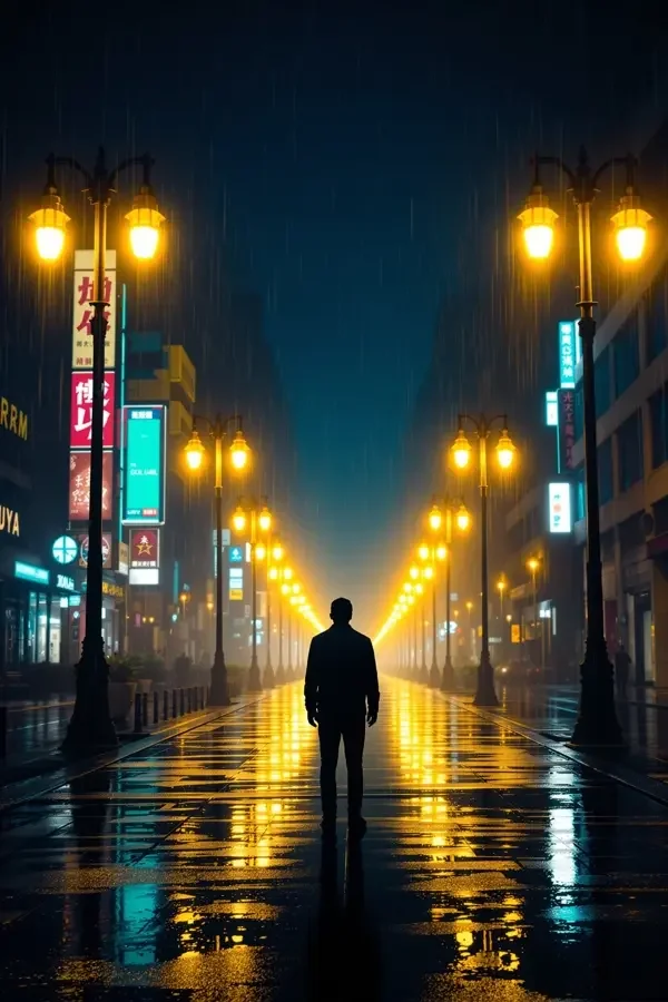 电影天堂主题配图：雨夜街道的路灯映在湿地上，一人立于街道中央